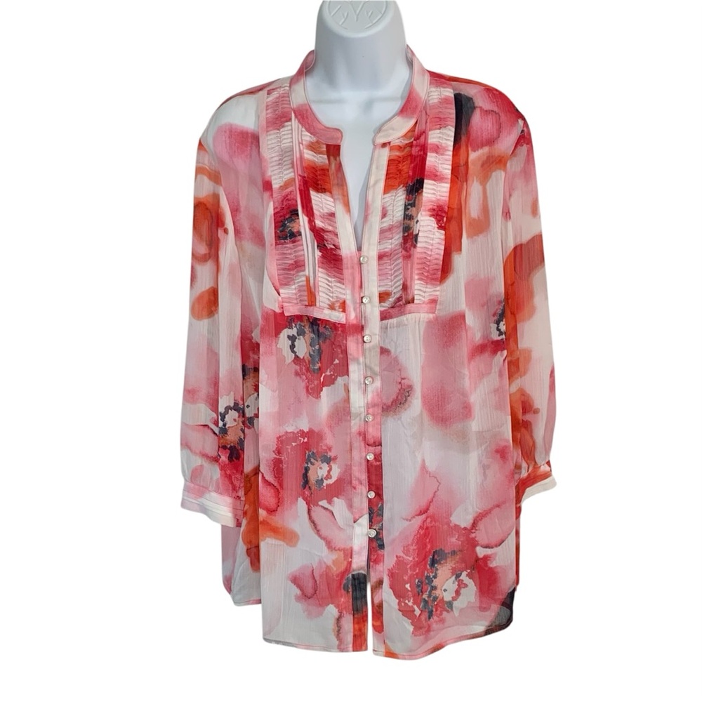 JONES NEW YORK Watercolor Floral Sheer Button Up Blouse Sz XL